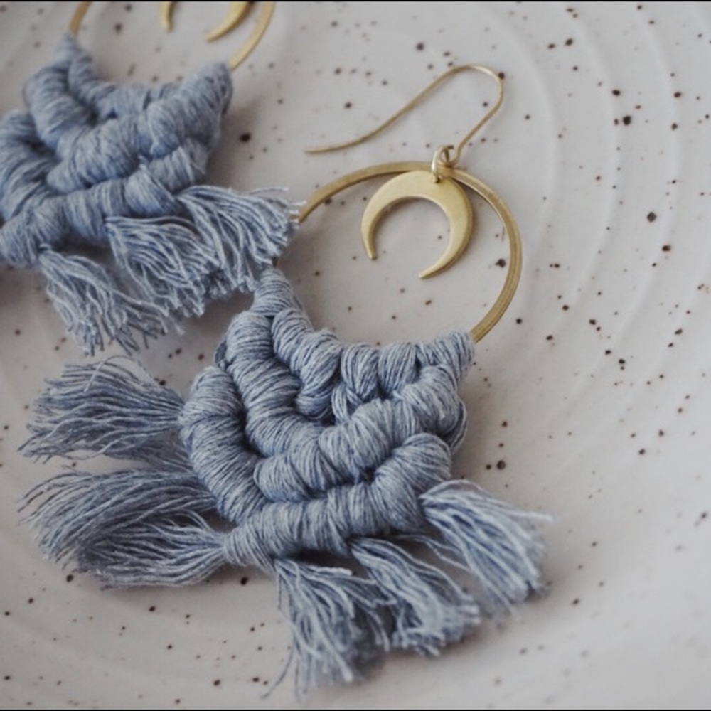 Brass Macrame Crescent Moon Hoop Earrings